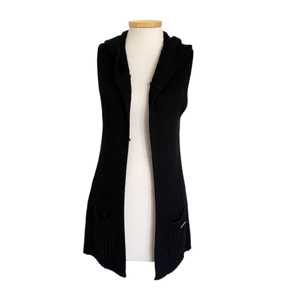 Michael Kors Black Hooded Cardigan Vest Sleeveless Sweater Wool Knit Size Large